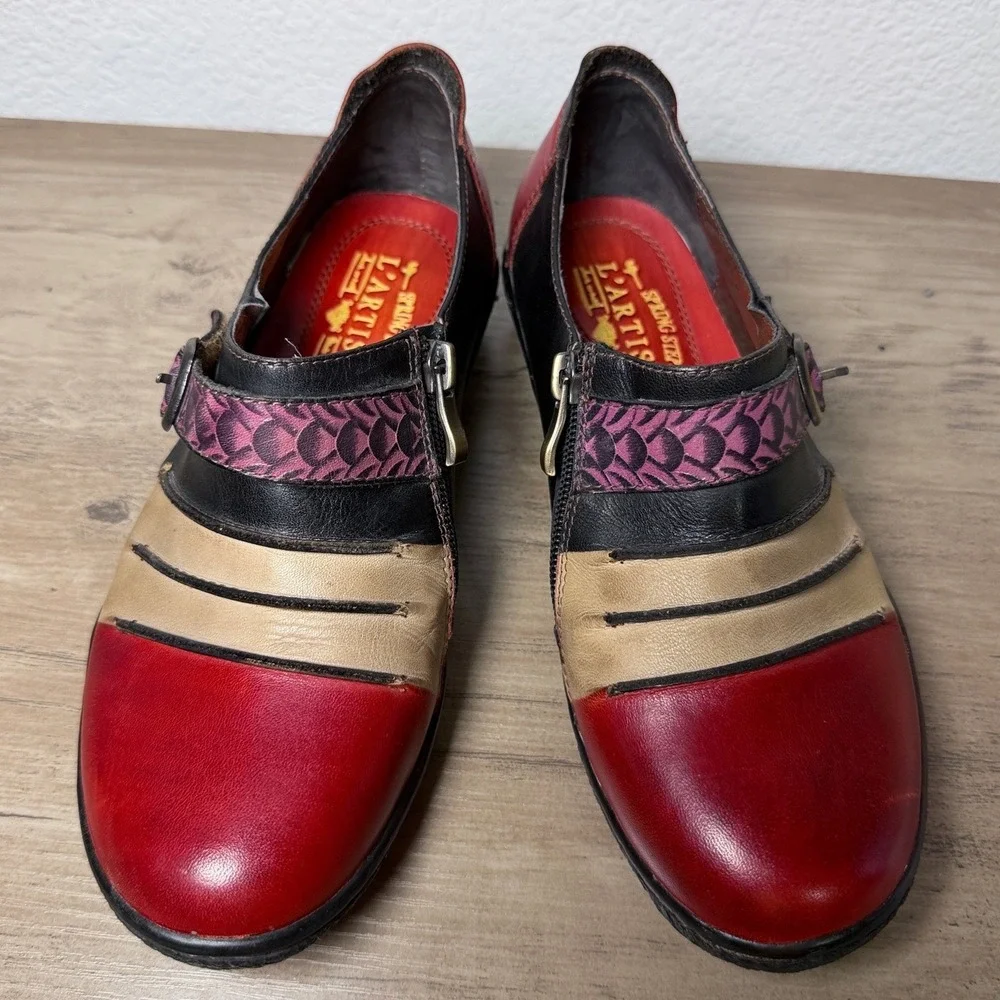 Spring Step L'Artiste Expel Red Multi Color Leather Patchwork Loafers EU‎ 37